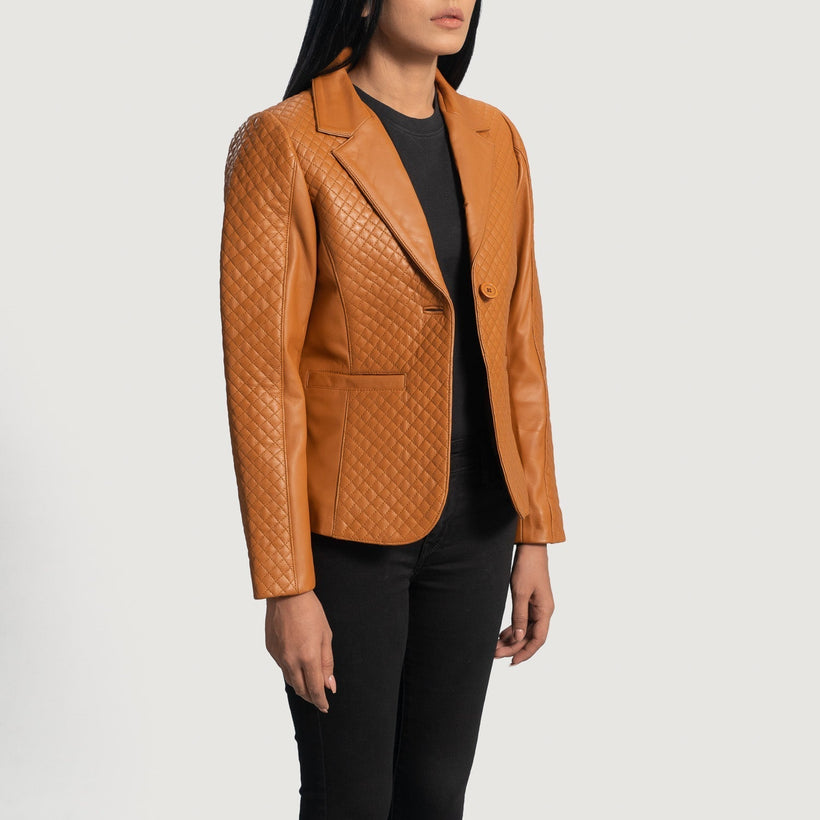 Cora Gewatteerd Bruin Leren Leren Blazer voor Dames