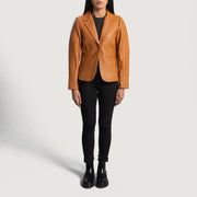 Women's Cora Gewatteerd Bruin Leren Leren Blazer voor Dames - Lateral Side Profile View Showing Sleeve Cut &amp; Athletic Taper Fit