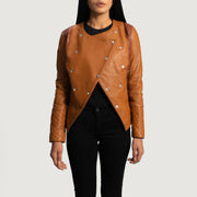 Women's County Lichtbruin Overlap Leren Jas voor Dames - Lateral Side Profile View Showing Sleeve Cut &amp; Athletic Taper Fit