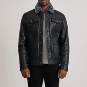Dallis Zwart Leather Shearling Trucker Leren Jas voor Heren in Black Sheepskin Leather - Front Profile View &amp; Tailored Silhouette | Buy Online