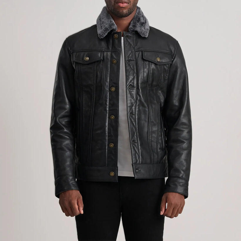 Dallis Zwart Leather Shearling Trucker Leren Jas voor Heren