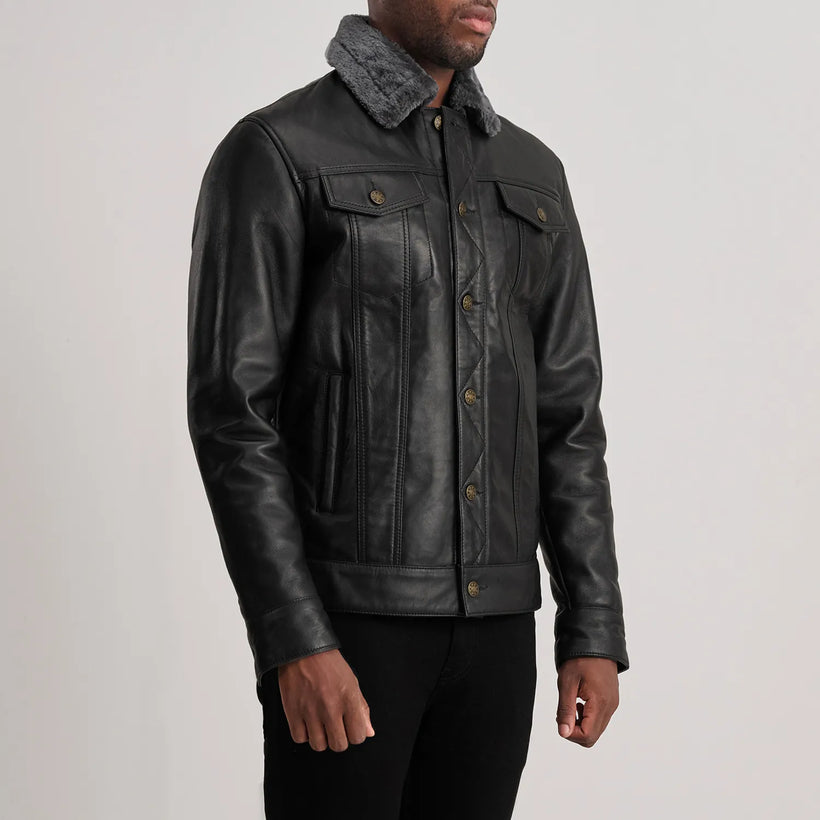 Dallis Zwart Leather Shearling Trucker Leren Jas voor Heren