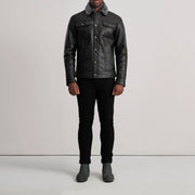 Dallis Zwart Leather Shearling Trucker Leren Jas voor Heren - Lateral Side Profile View Showing Sleeve Cut &amp; Athletic Taper Fit