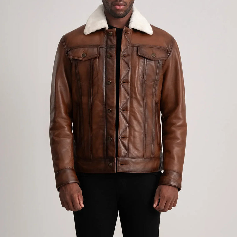 Dallis Bruin Leather Shearling Trucker Leren Jas voor Heren