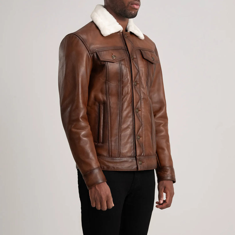 Dallis Bruin Leather Shearling Trucker Leren Jas voor Heren