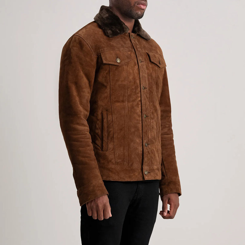 Dallis Bruin Suede Shearling Trucker Leren Jas voor Heren