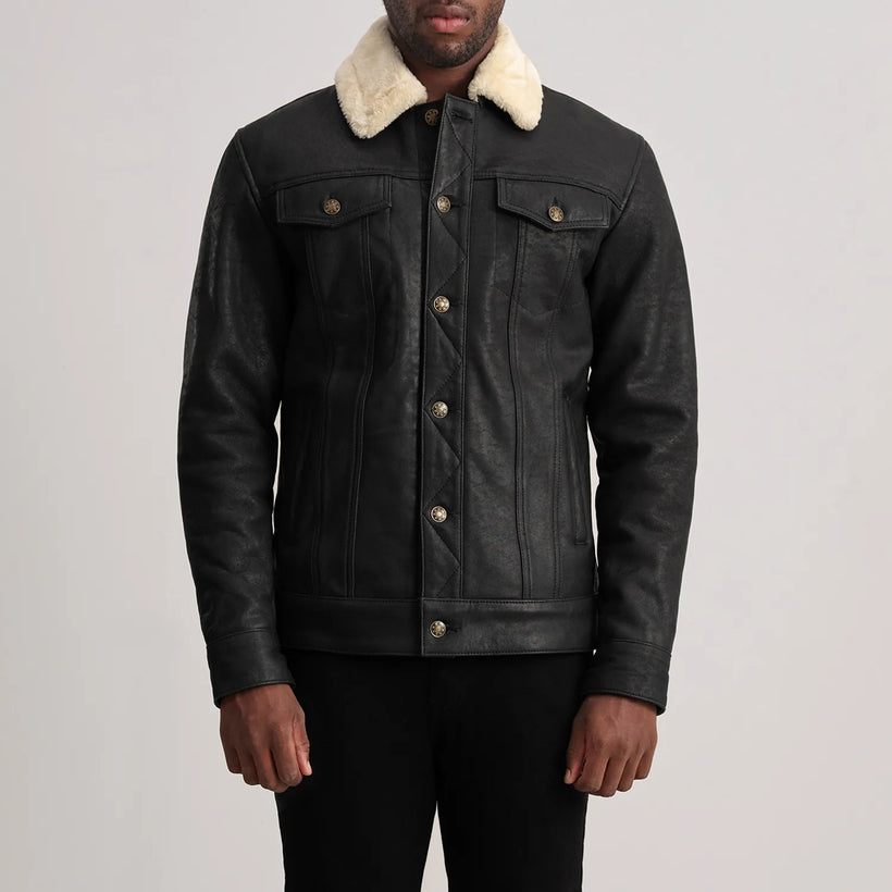 Dallis Distressed Zwart Leather Shearling Trucker Leren Jas voor Heren