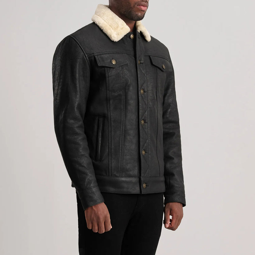 Dallis Distressed Zwart Leather Shearling Trucker Leren Jas voor Heren