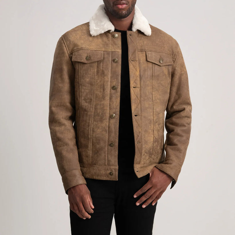 Dallis Distressed Bruin Leather Shearling Trucker Leren Jas voor Heren