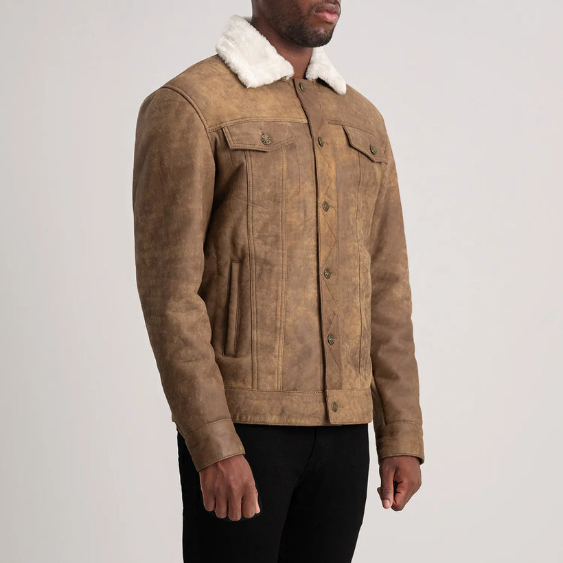Dallis Distressed Bruin Leather Shearling Trucker Leren Jas voor Heren