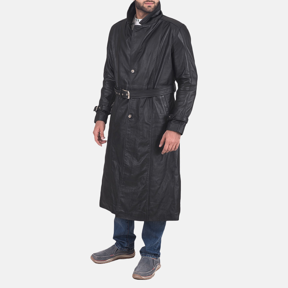 
Black Cowhide Leather Trench Coat - Achteraanzicht met getailleerde schouders & strakke zoom