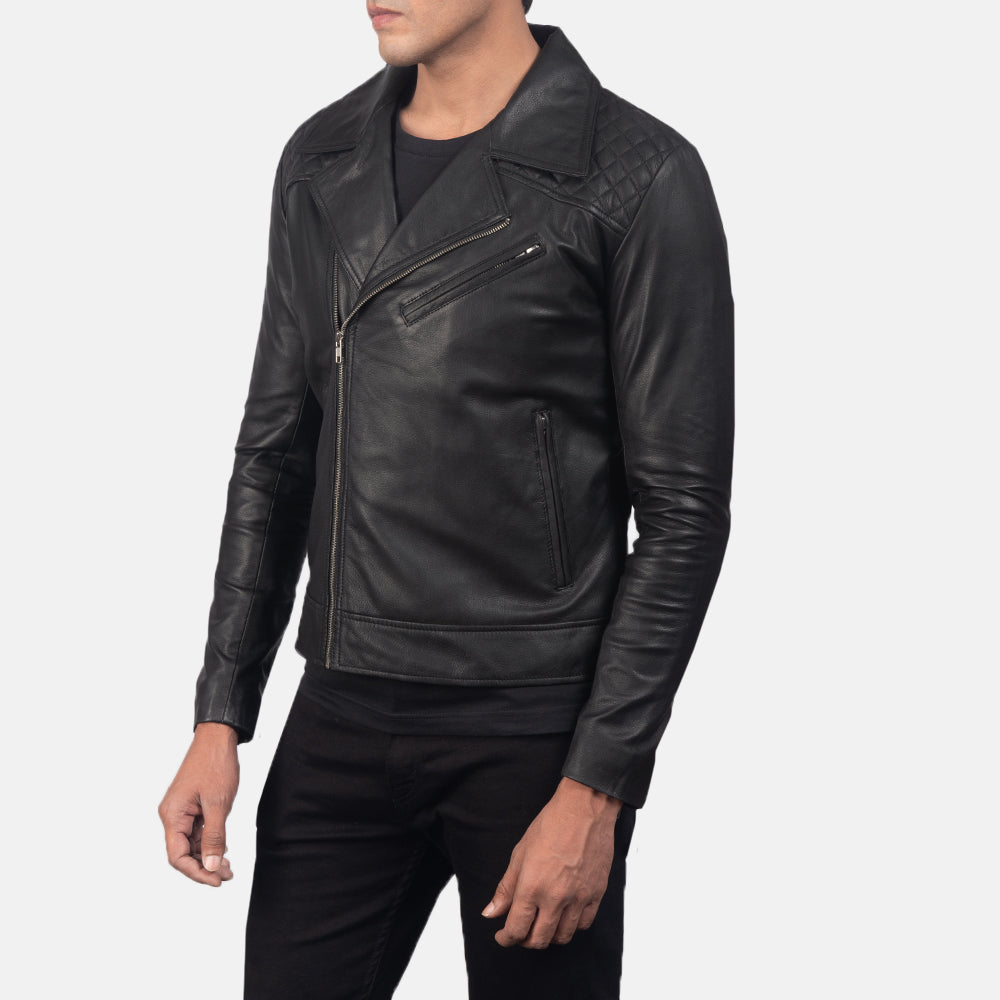
Distressed Brown Goatskin Leather Biker Jacket - Achteraanzicht met getailleerde schouders & strakke zoom