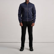 
Detailopname of Varsity & Zipper Hardware on Danson Gewatteerd Blauw Varsity Leren Jas voor Heren
