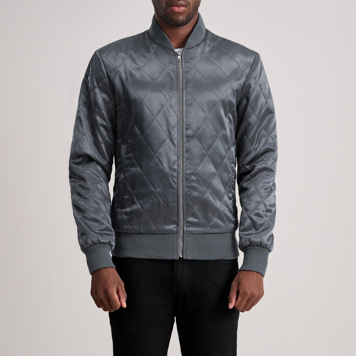 Danson Gewatteerd Grey Varsity Leren Jas voor Heren in Grey Satin - Front Profile View &amp; Tailored Silhouette | Buy Online