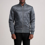 Danson Gewatteerd Grey Varsity Leren Jas voor Heren in Grey Satin - Front Profile View &amp; Tailored Silhouette | Buy Online