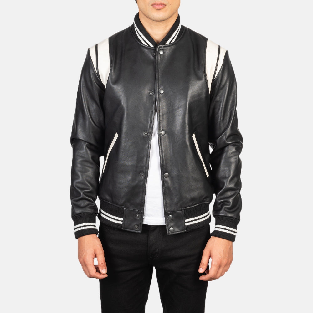 Men's Dantee Zwart Leather Varsity Leren Jas voor Heren in Black &amp; White Sheepskin Leather - Front Profile View &amp; Tailored Silhouette | Buy Online