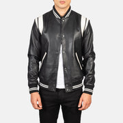 Men's Dantee Zwart Leather Varsity Leren Jas voor Heren in Black &amp; White Sheepskin Leather - Front Profile View &amp; Tailored Silhouette | Buy Online