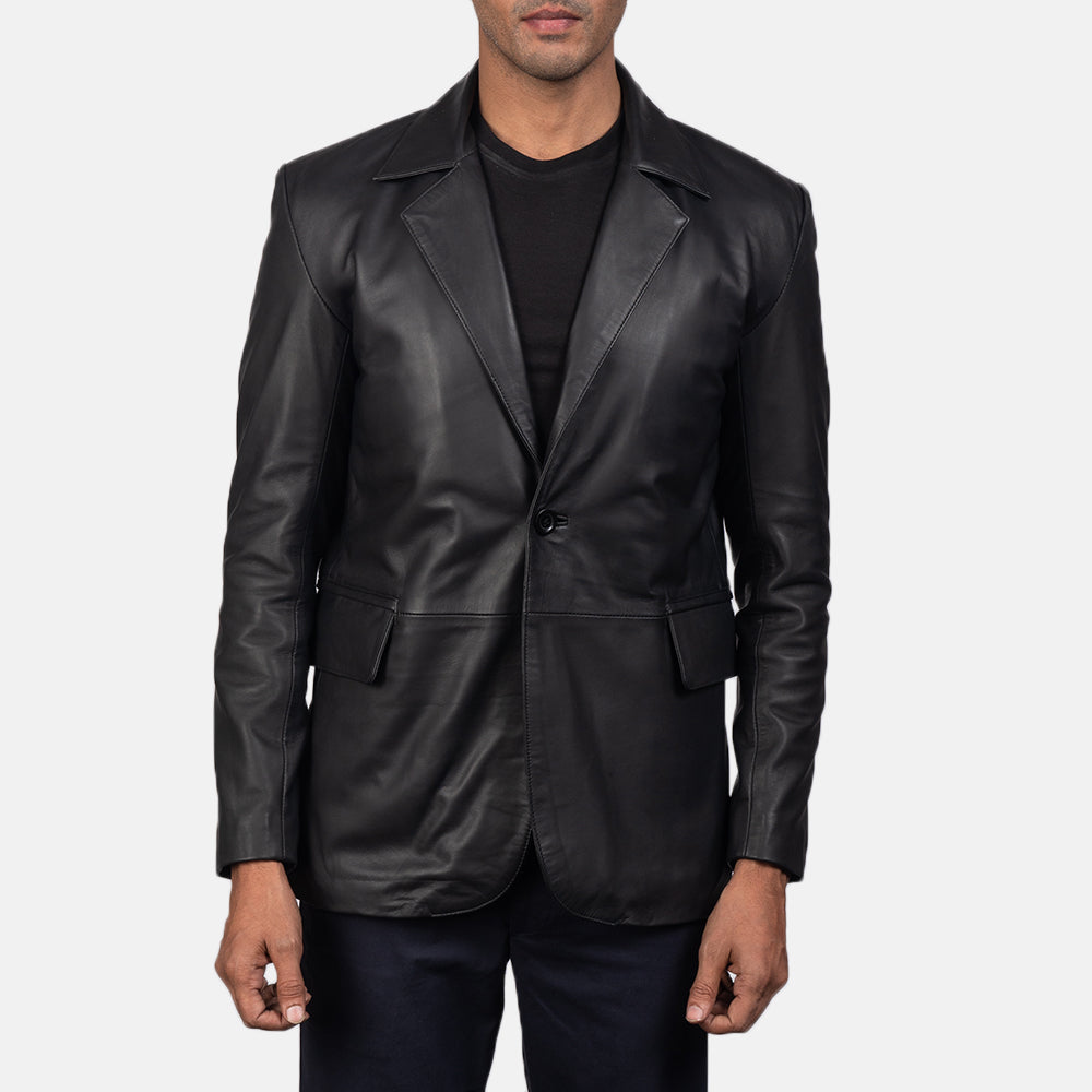 Men's Daron Zwart Leren Leren Blazer voor Heren in Black Sheepskin Leather - Front Profile View &amp; Tailored Silhouette | Buy Online