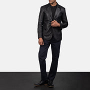 Men's Daron Zwart Leren Leren Blazer voor Heren - Lateral Side Profile View Showing Sleeve Cut &amp; Athletic Taper Fit