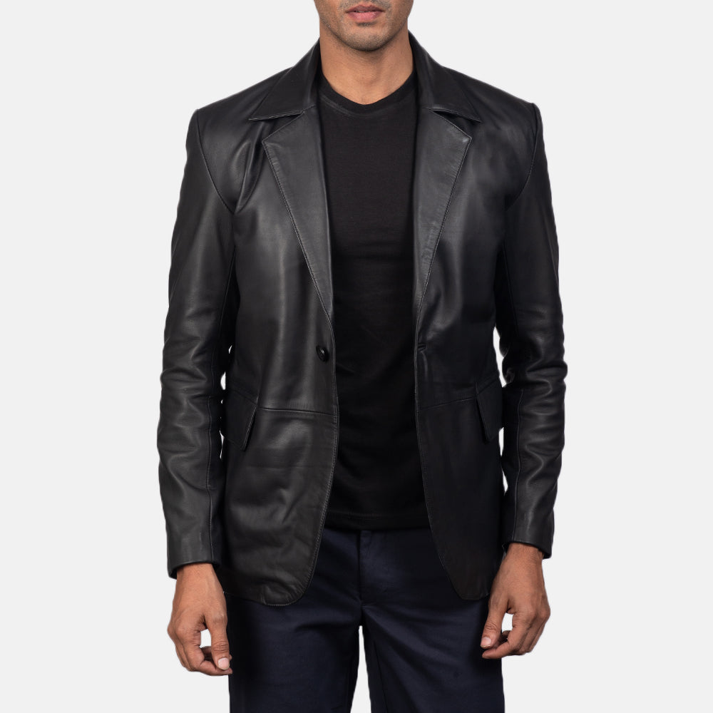 Close-Up Detail of Notch &amp; Button Hardware on Men's Daron Zwart Leren Leren Blazer voor Heren