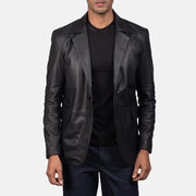 Close-Up Detail of Notch &amp; Button Hardware on Men's Daron Zwart Leren Leren Blazer voor Heren