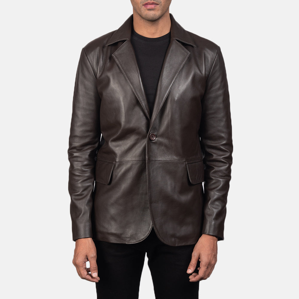 Daron Bruin Leren Leren Blazer voor Heren in Brown Sheepskin Leather - Front Profile View &amp; Tailored Silhouette | Buy Online