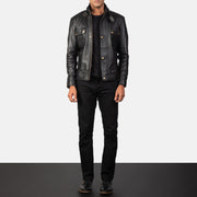 Close-Up Detail of Classic Collar &amp; Heavy-Duty Zipper Hardware on Men's Darren Black Leather Biker Jacket
