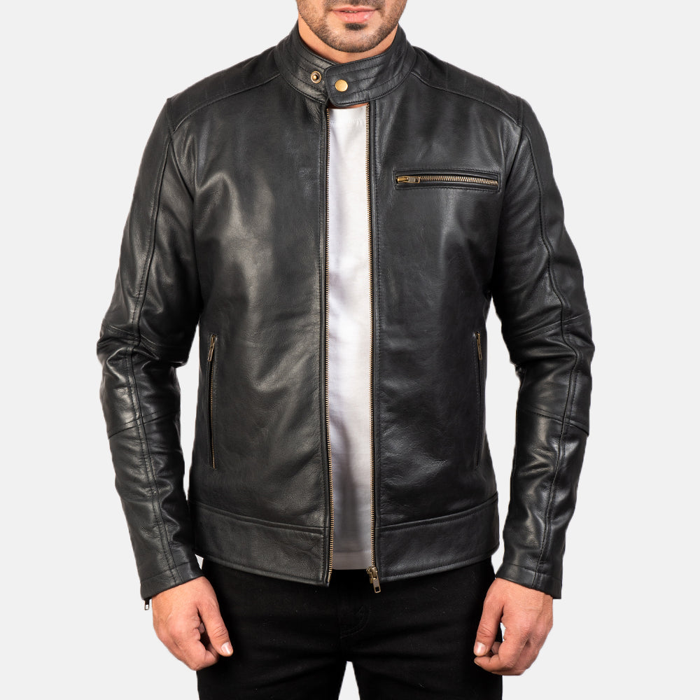 Dean Zwart Leren Bikerjack voor Heren in Black Cow Hide Leather - Front Profile View &amp; Tailored Silhouette | Buy Online