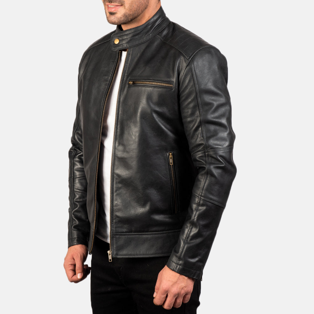 Dean Zwart Leren Bikerjack voor Heren - Back View Showing Tailored Shoulder Fit &amp; Clean Hemline