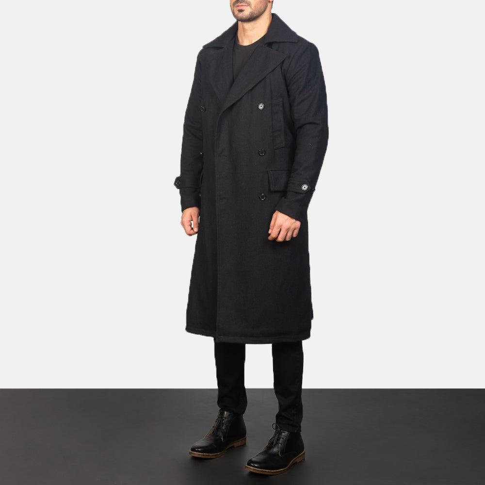 
Black Synthetic Wool Trench Coat - Achteraanzicht met getailleerde schouders & strakke zoom