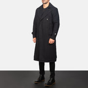 
Black Synthetic Wool Trench Coat - Achteraanzicht met getailleerde schouders & strakke zoom