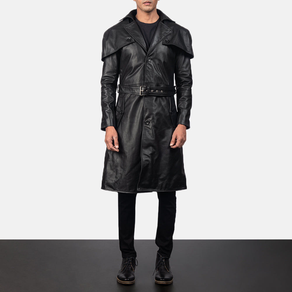 
Black Cowhide Leather Trench Coat - Achteraanzicht met getailleerde schouders & strakke zoom