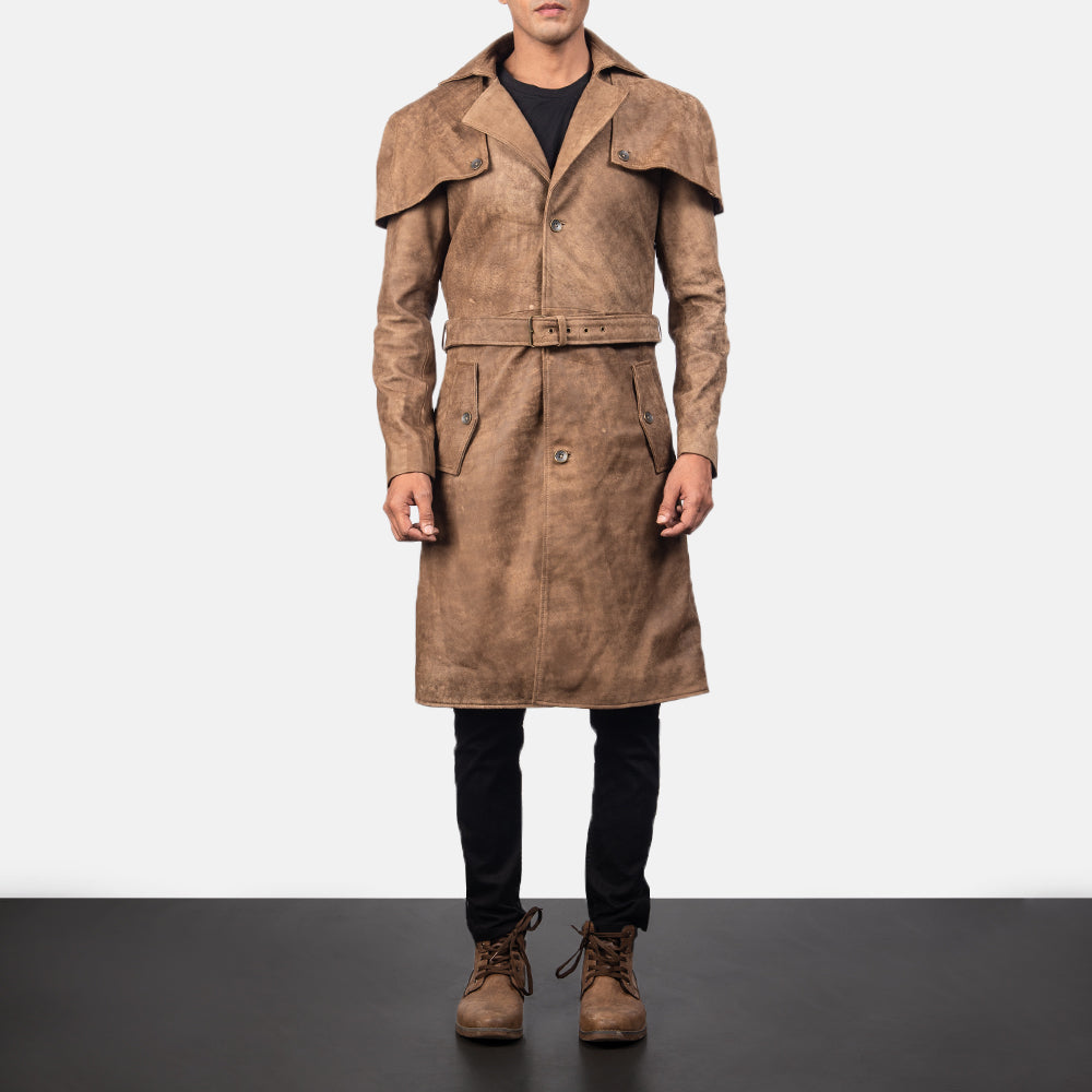Close-Up Detail of Classic Collar &amp; Buttons + Belt Hardware on Men's Deux Bruin Leather Duster voor Heren