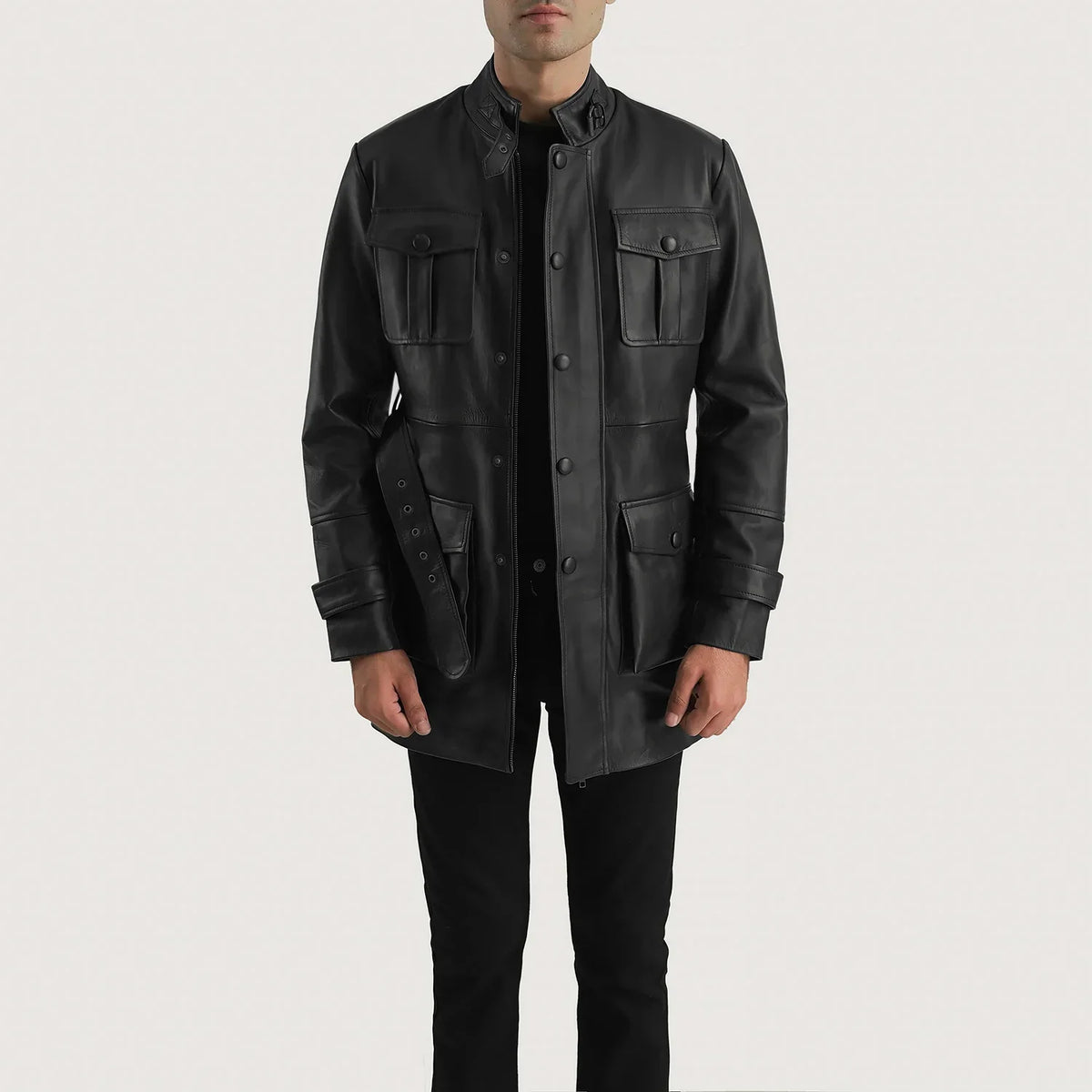 Dolf Zwart Leren Jas voor Heren in Black Cowhide Leather - Front Profile View &amp; Tailored Silhouette | Buy Online