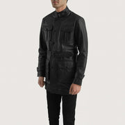 Black Cowhide leather Coat - Back View Showing Tailored Shoulder Fit &amp; Clean Hemline