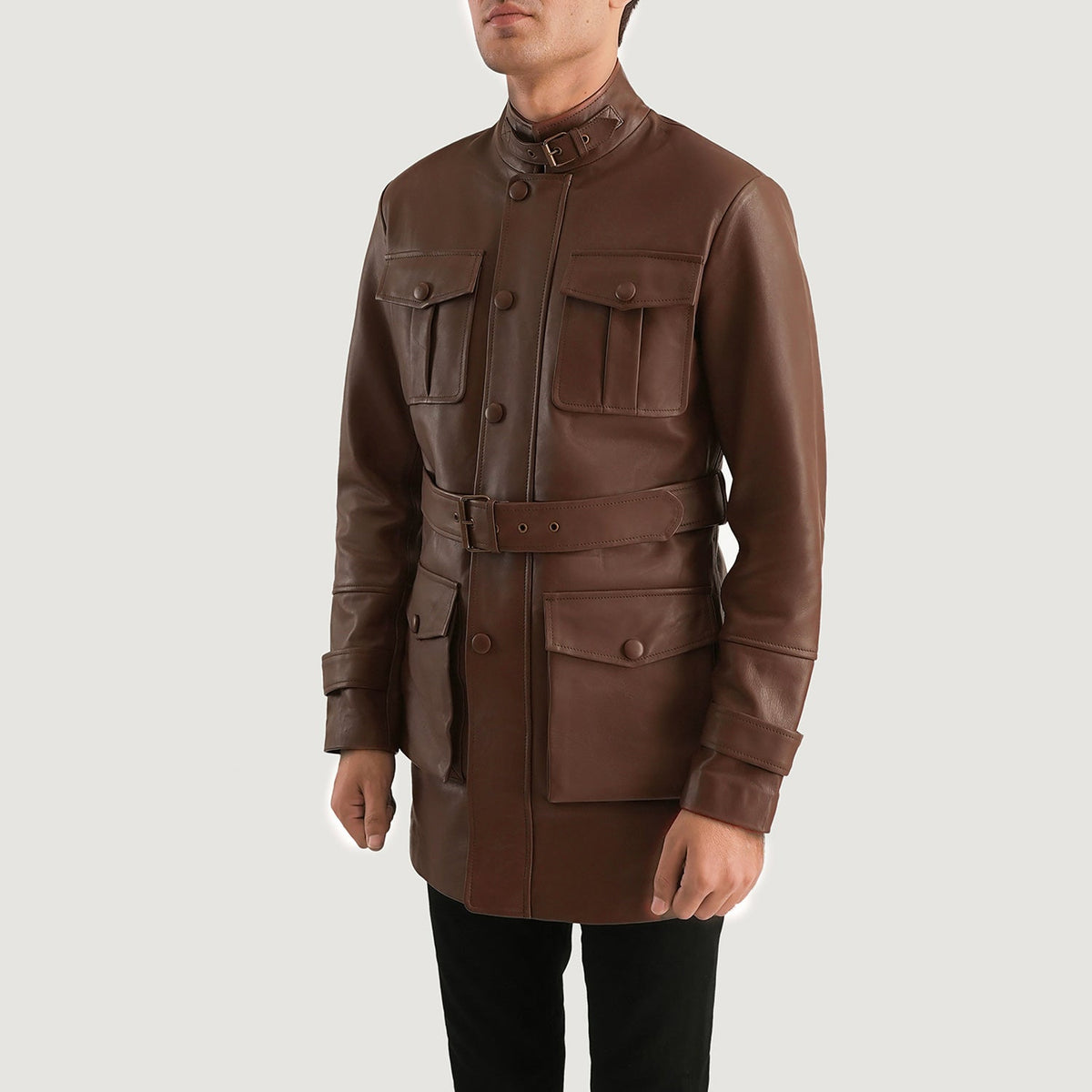 
Brown Cowhide leather Jacket - Achteraanzicht met getailleerde schouders & strakke zoom