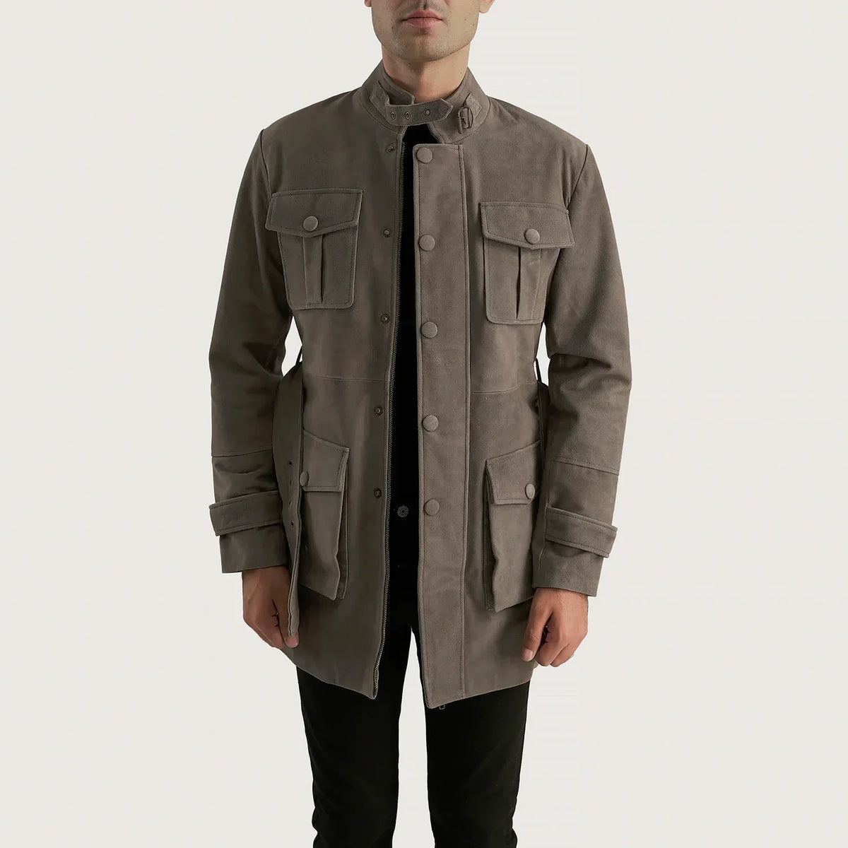 Dolf Grey Suède Jas voor Heren in Grey Cowhide Suede - Front Profile View &amp; Tailored Silhouette | Buy Online