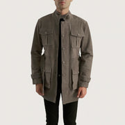 Dolf Grey Suède Jas voor Heren in Grey Cowhide Suede - Front Profile View &amp; Tailored Silhouette | Buy Online