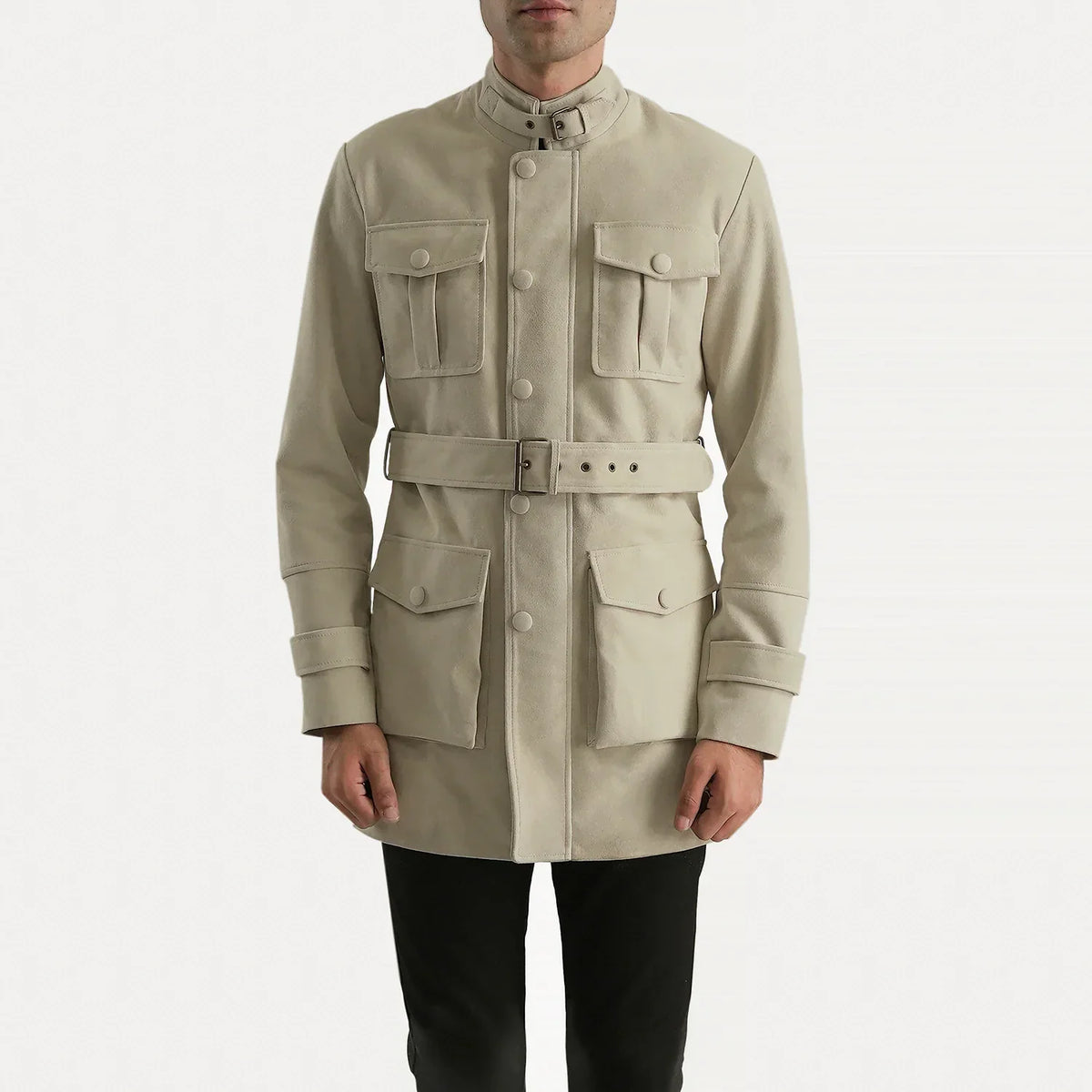 Dolf Off-White Suède Jas voor Heren in Off-White Cowhide Suede - Front Profile View &amp; Tailored Silhouette | Buy Online