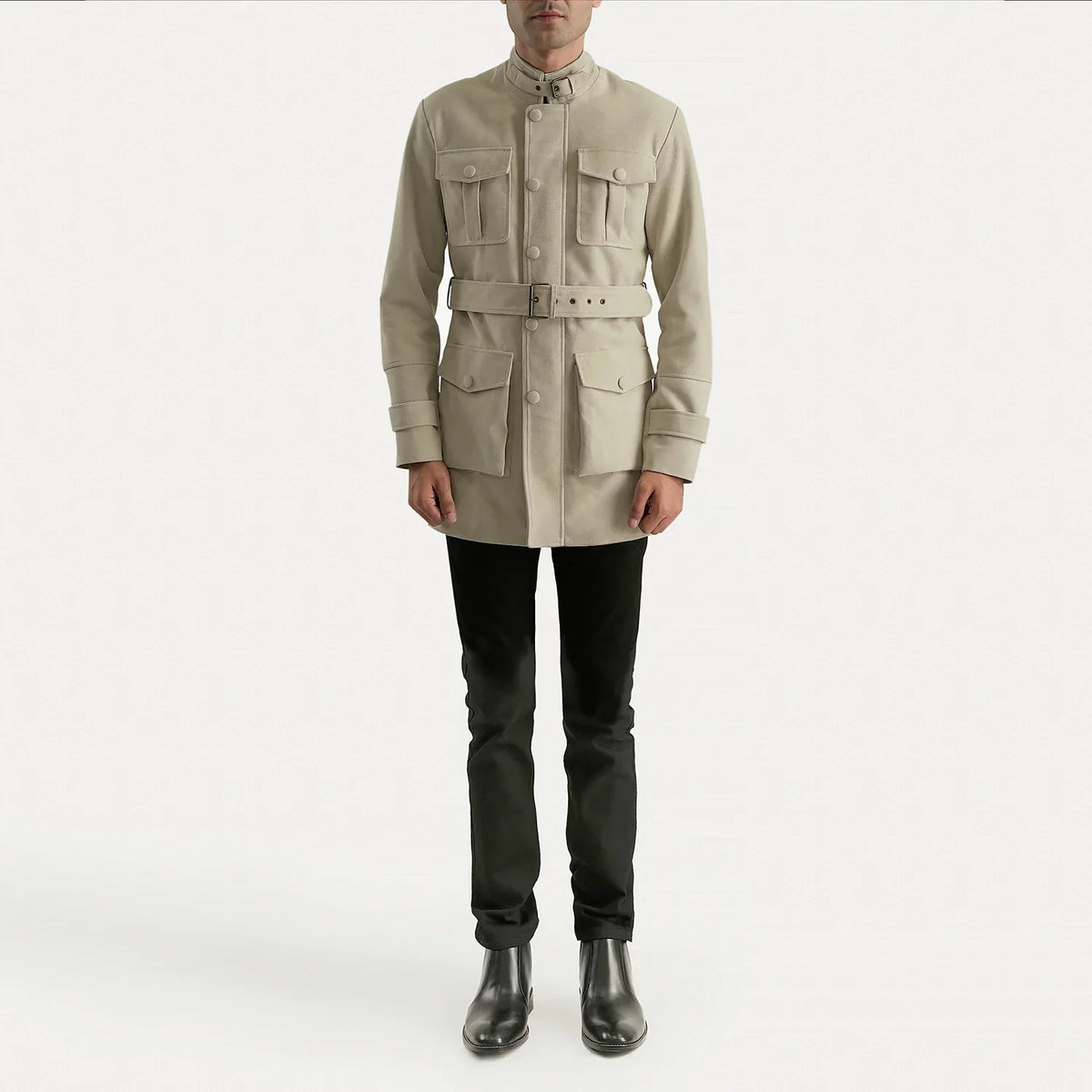 Dolf Off-White Suède Jas voor Heren - Lateral Side Profile View Showing Sleeve Cut &amp; Athletic Taper Fit