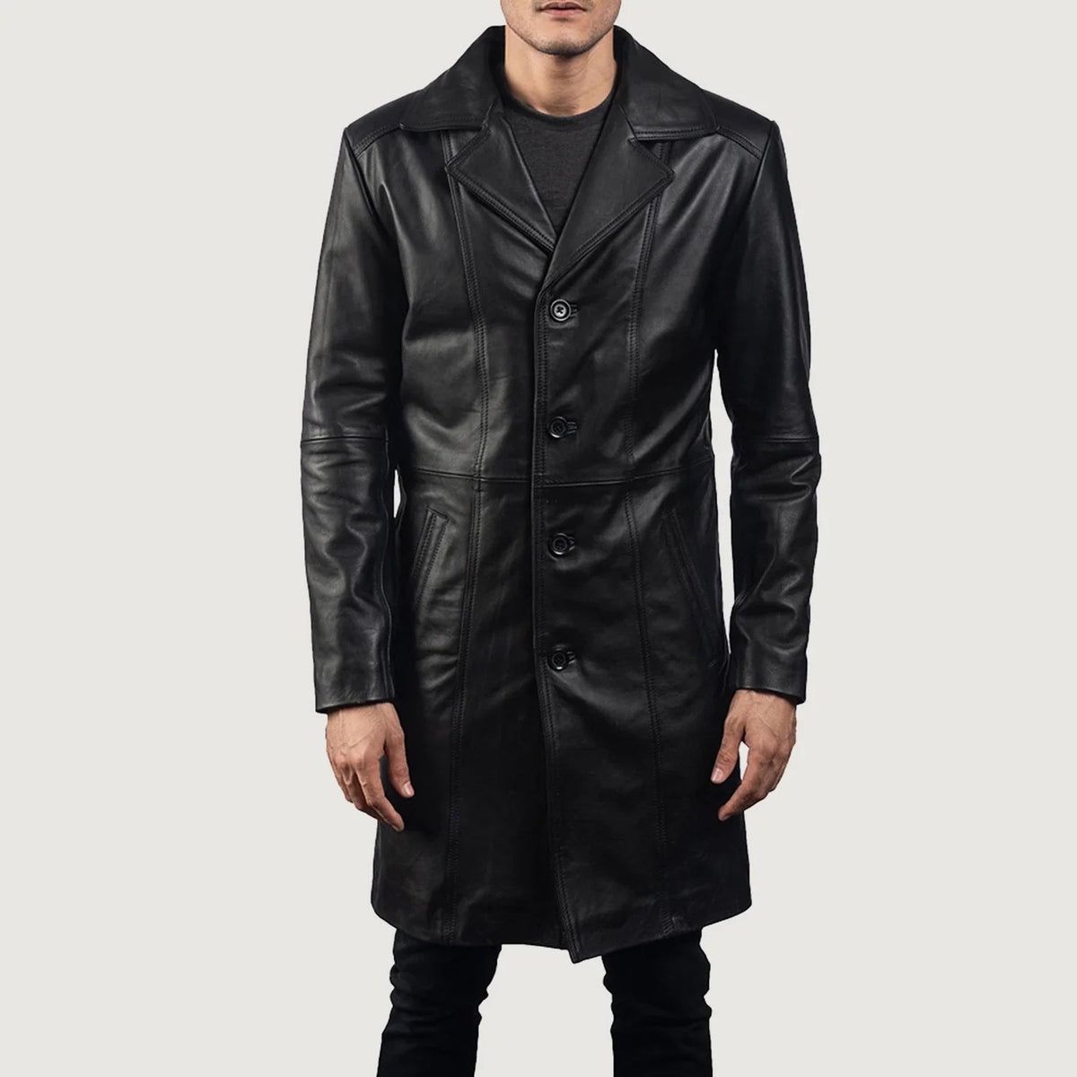 Men's Don Long Zwart Leren Jas voor Heren - Lateral Side Profile View Showing Sleeve Cut &amp; Athletic Taper Fit