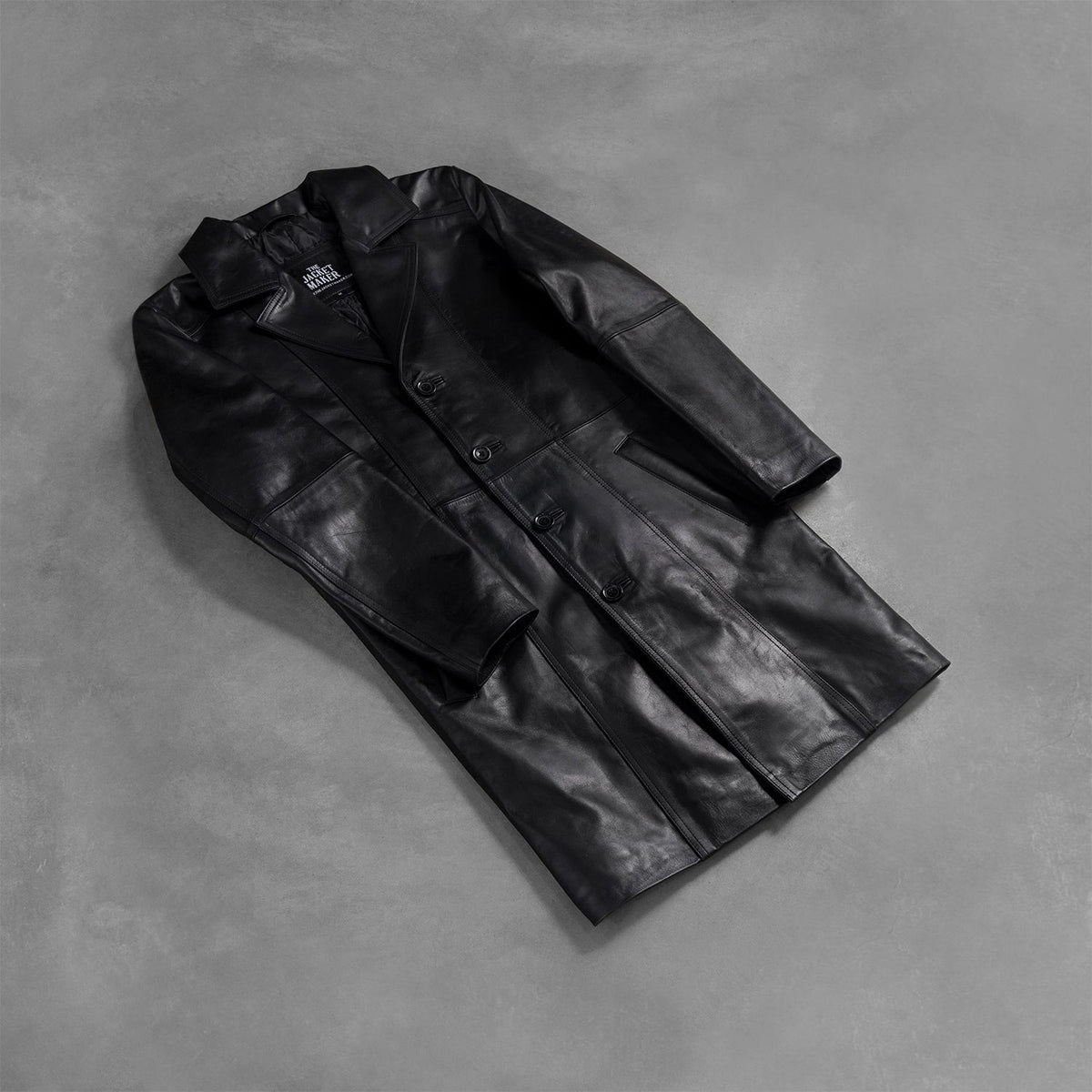 Open hem &amp; Hem Craftsmanship Construction Detail on Men's Don Long Zwart Leren Jas voor Heren