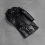 Open hem &amp; Hem Craftsmanship Construction Detail on Men's Don Long Zwart Leren Jas voor Heren