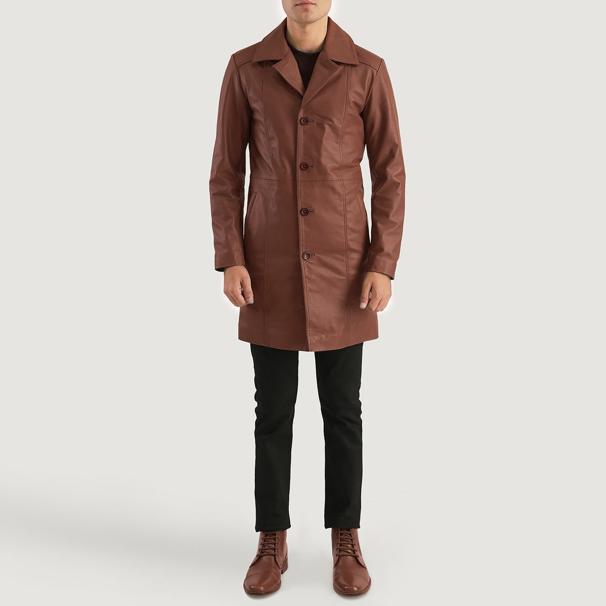 Don Long Bruin Leren Jas voor Heren - Lateral Side Profile View Showing Sleeve Cut &amp; Athletic Taper Fit