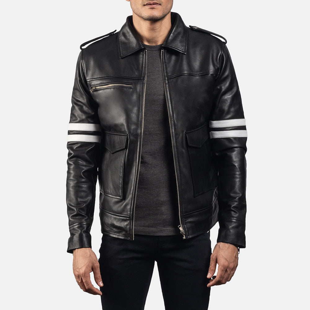 Dragonhide Zwart Leren Jas voor Heren - Lateral Side Profile View Showing Sleeve Cut &amp; Athletic Taper Fit