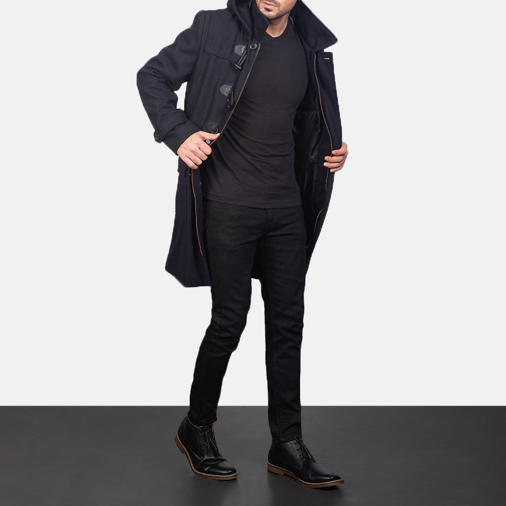 
Drake Black Wool Duffle Coat in Black Synthetic Wool - Vooraanzicht & getailleerd silhouet | Online kopen
