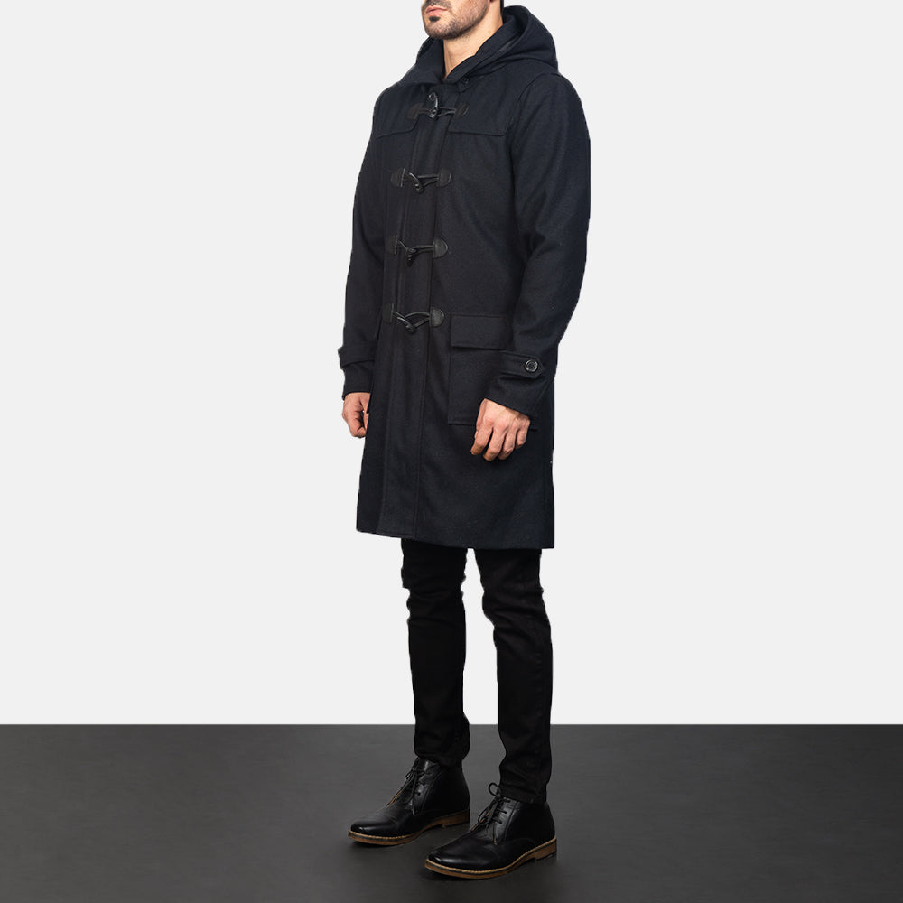 
Black Synthetic Wool Trench Coat - Achteraanzicht met getailleerde schouders & strakke zoom