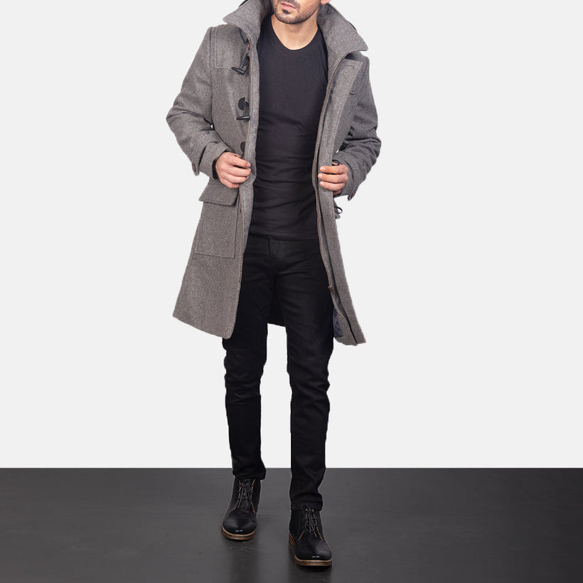 Drake Grey Wool Hooded Duffle Leren Jas voor Heren