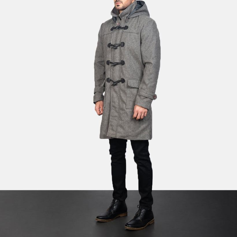 Drake Grey Wool Hooded Duffle Leren Jas voor Heren