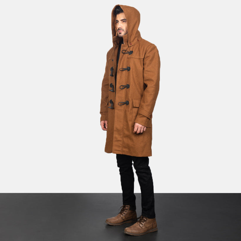Drake Khaki Wool Hooded Duffle Leren Jas voor Heren